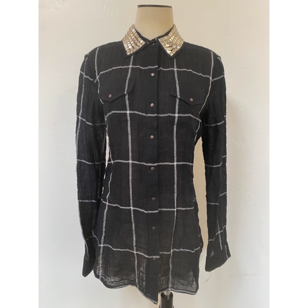 Equipment Windowpane Check Cotton Tissue Blouse with Studded Collar Size L